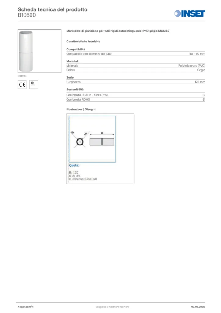 Immagine Inset Scheda tecnica del prodotto B10690 | Hager Italia