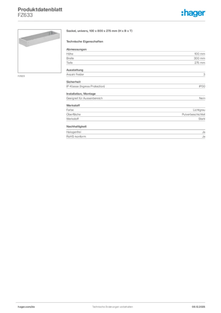 Bild Hager Produktdatenblatt FZ633 | Hager Deutschland