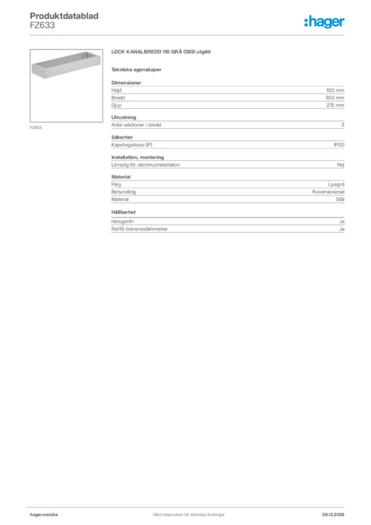 Bild Hager Produktdatablad FZ633 | Hager Sverige