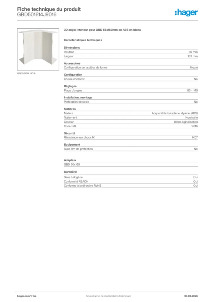 Image Hager Fiche technique du produit GBD501614J9016 | Hager Belgique