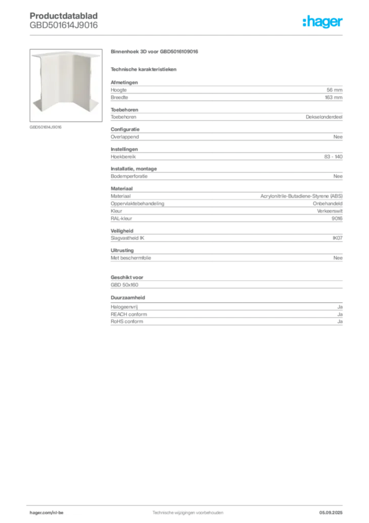 Afbeelding Hager Productdatablad GBD501614J9016 | Hager Belgium