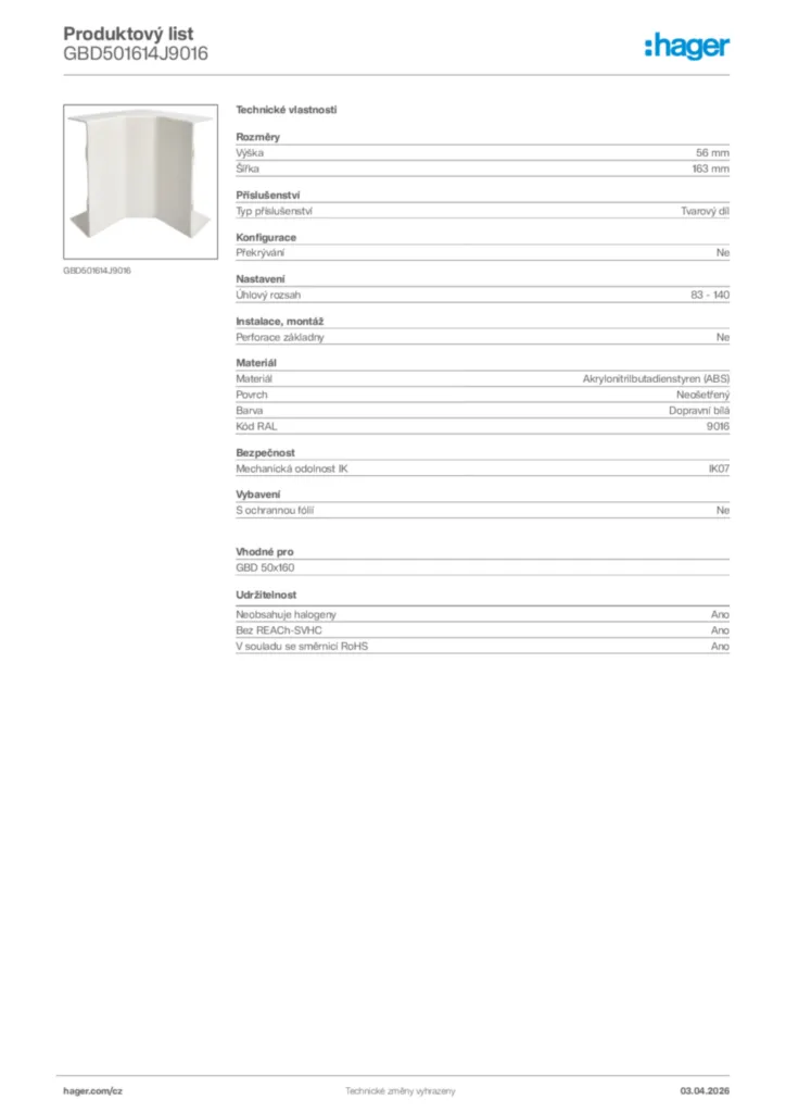 Obrázek Hager Product data sheet GBD501614J9016 | Hager