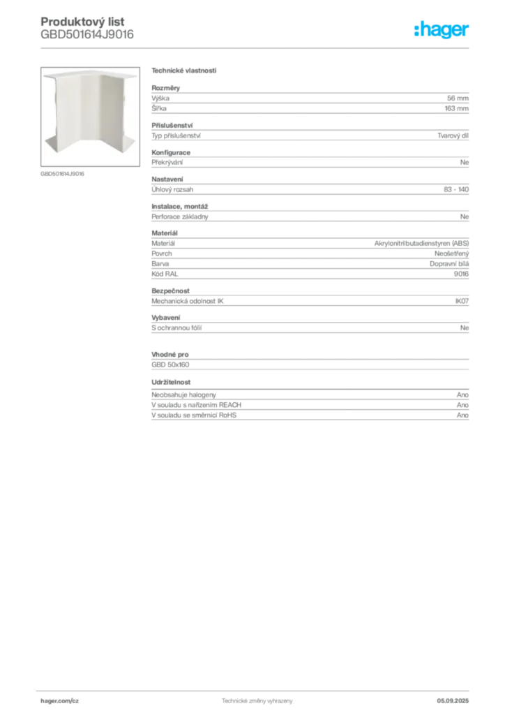 Obrázek Hager Produktový list GBD501614J9016 | Hager