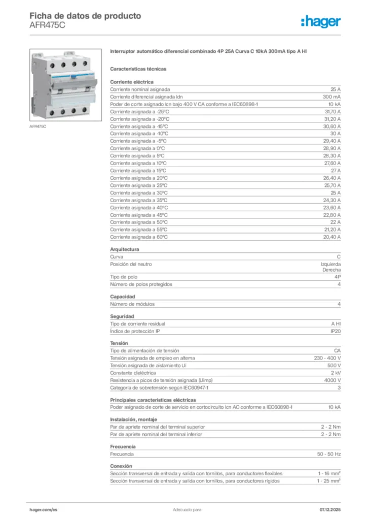 Imagen Hager Ficha de datos de producto AFR475C | Hager España