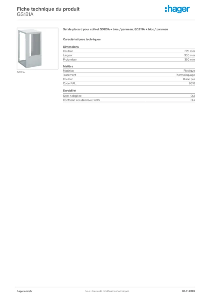 Image Hager Fiche technique du produit GS181A | Hager France
