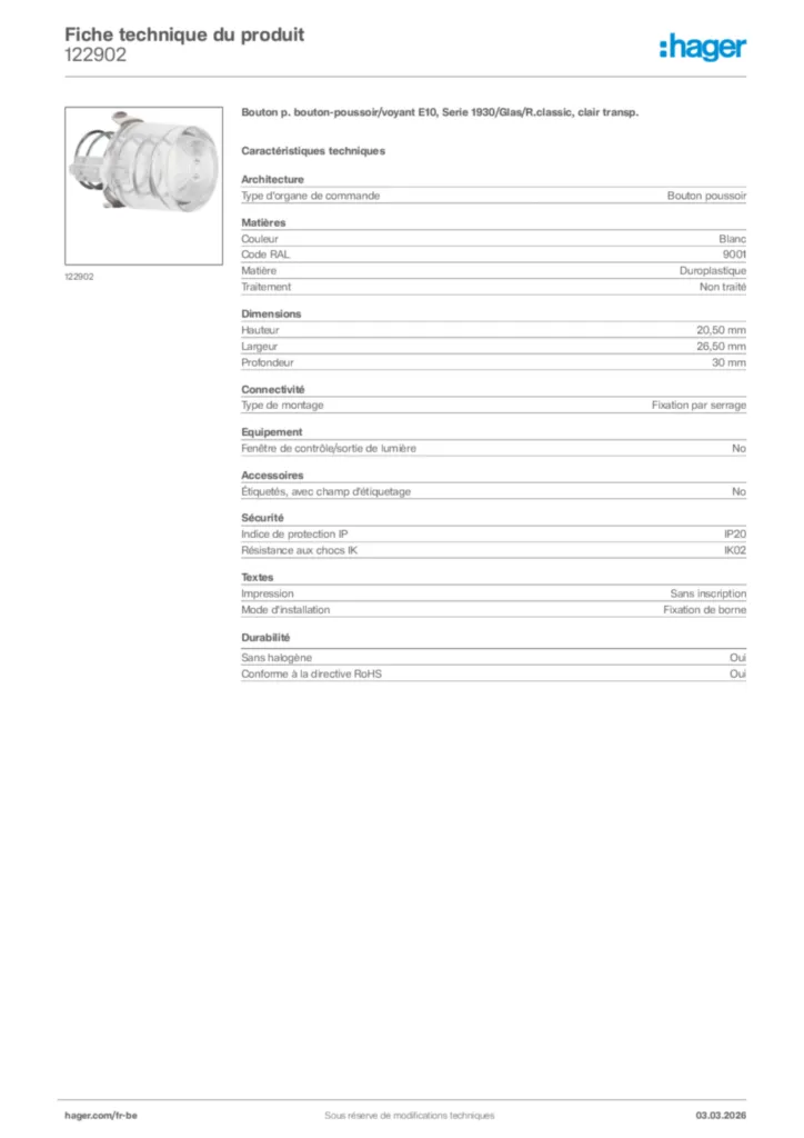 Image Hager Fiche technique du produit 122902 | Hager Belgique