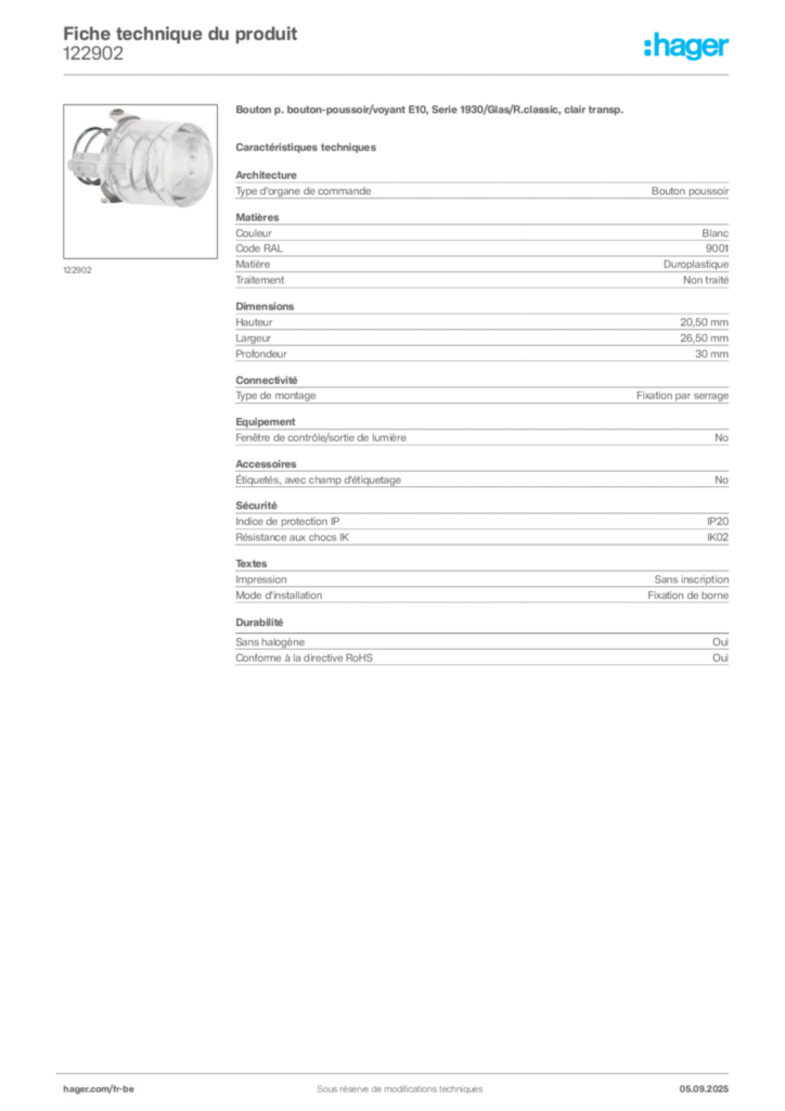 Image Hager Fiche technique du produit 122902 | Hager Belgique