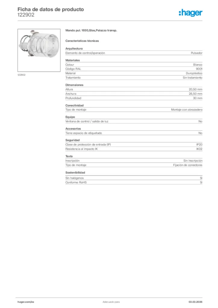 Imagen Hager Ficha de datos de producto 122902 | Hager España