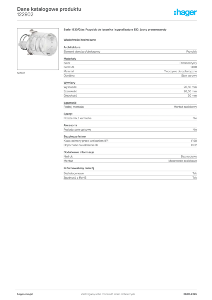 Zdjęcie Hager Dane katalogowe produktu 122902 | Hager Polska