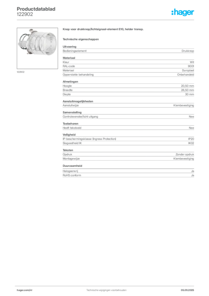 Afbeelding Hager Productdatablad 122902 | Hager Nederland