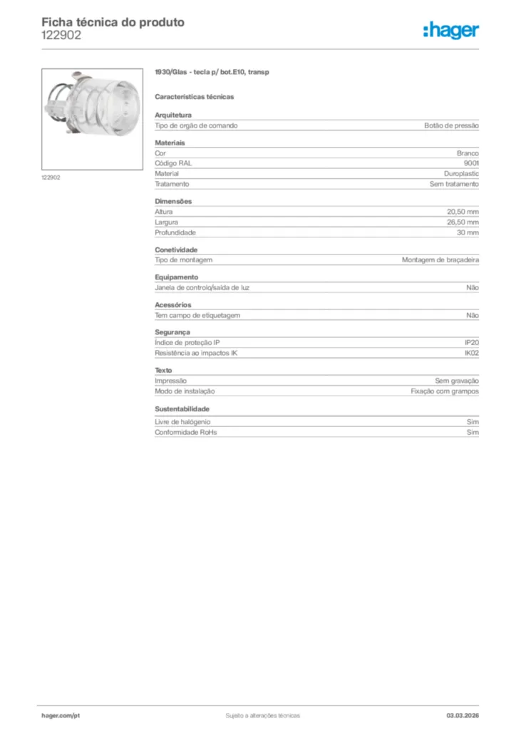 Imagem Hager Ficha técnica do produto 122902 | Hager Portugal