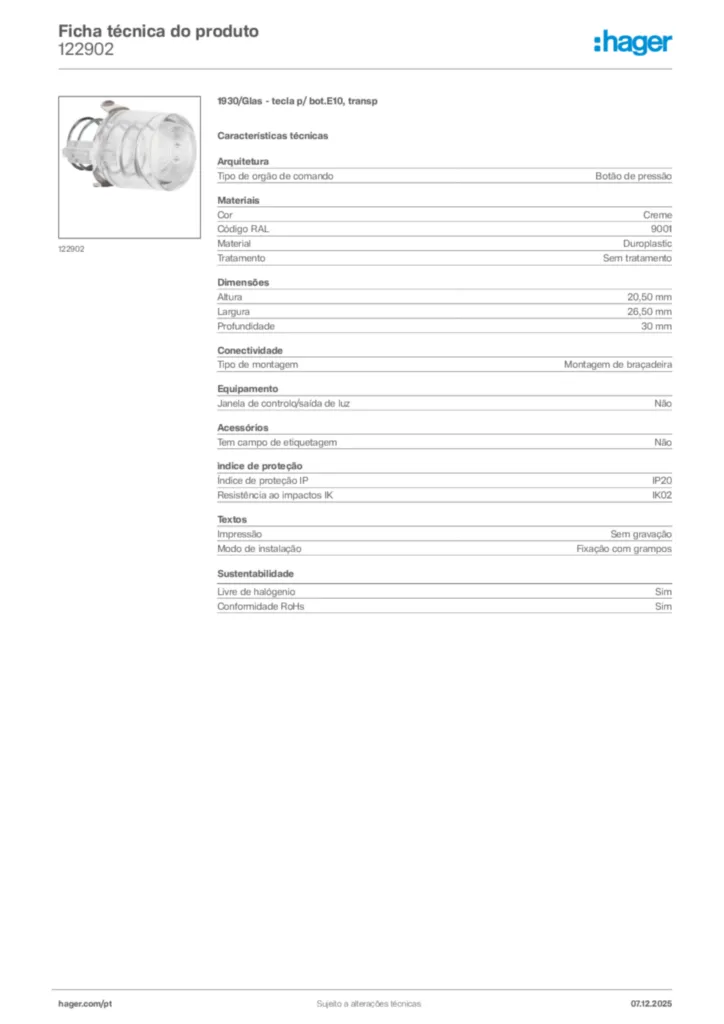 Imagem Hager Ficha técnica do produto 122902 | Hager Portugal