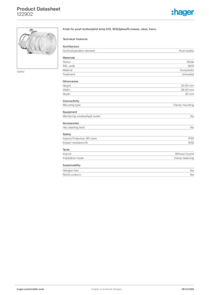 Image Hager Product data sheet 122902  | Hager