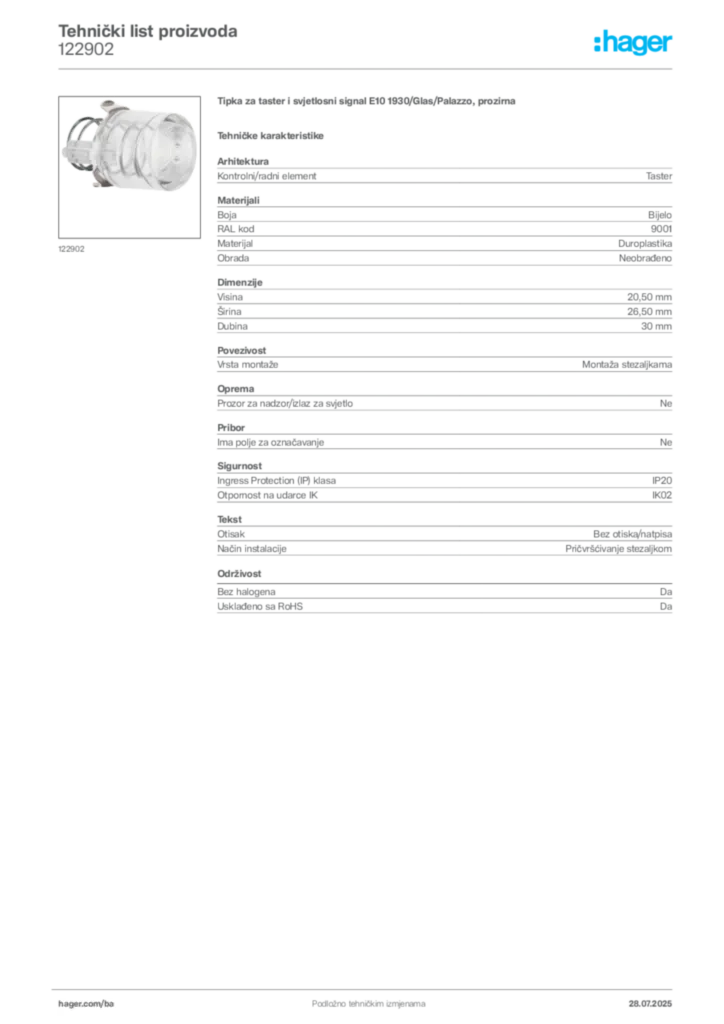 Slika Hager Product data sheet 122902  | Hager
