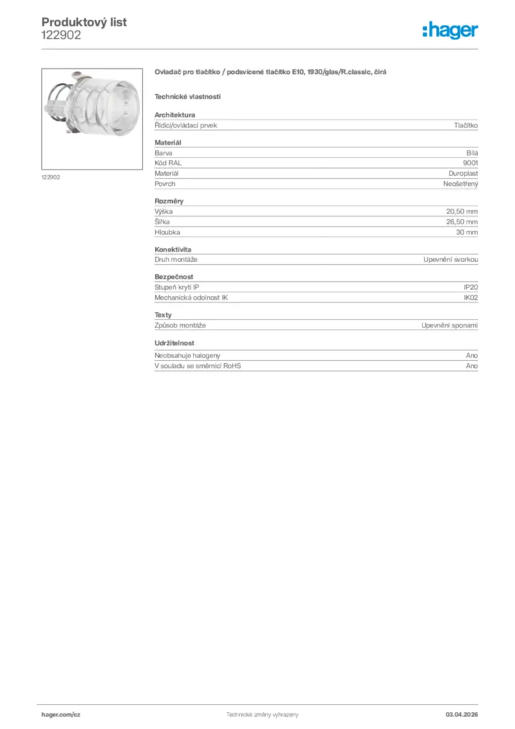 Obrázek Hager Product data sheet 122902 | Hager