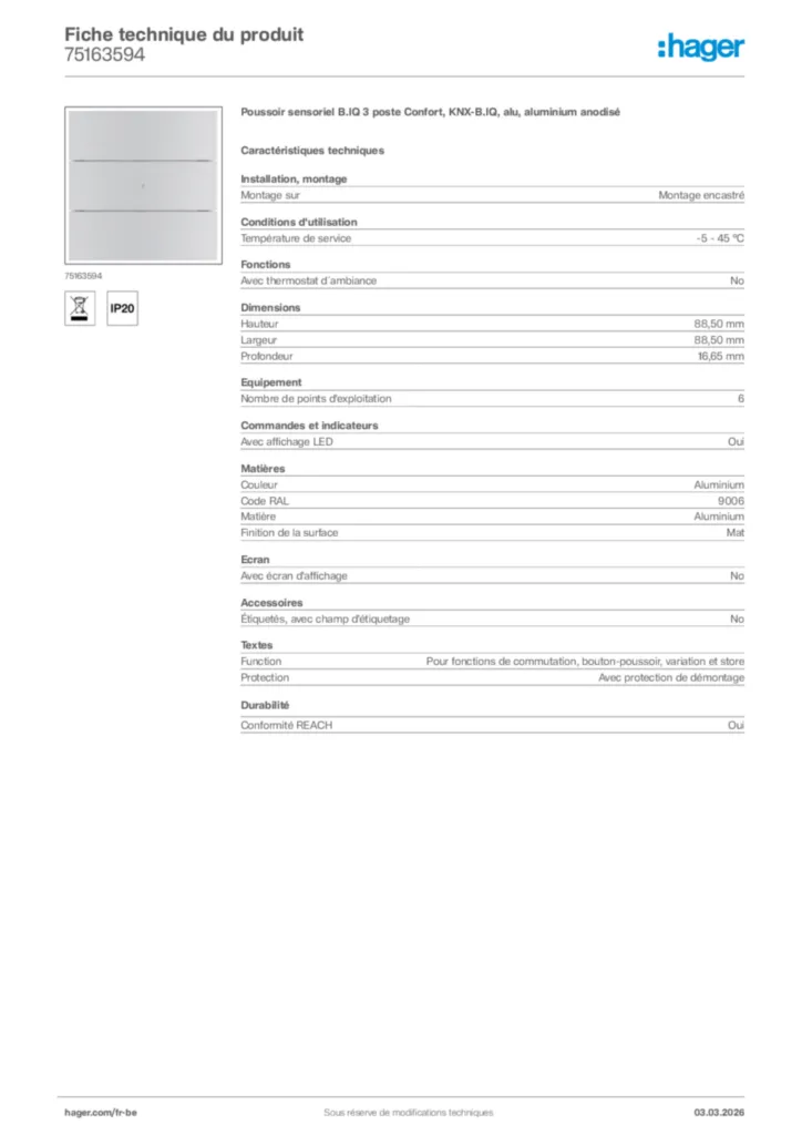 Image Hager Fiche technique du produit 75163594 | Hager Belgique