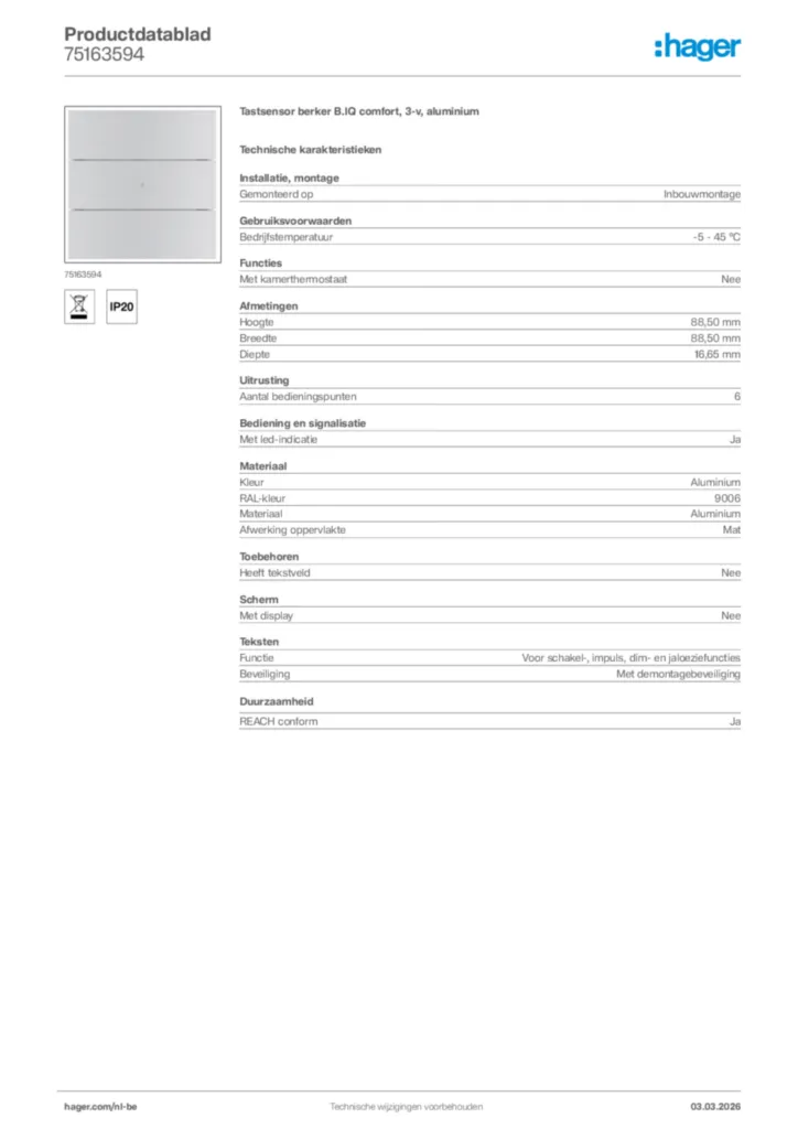 Afbeelding Hager Productdatablad 75163594 | Hager Belgium