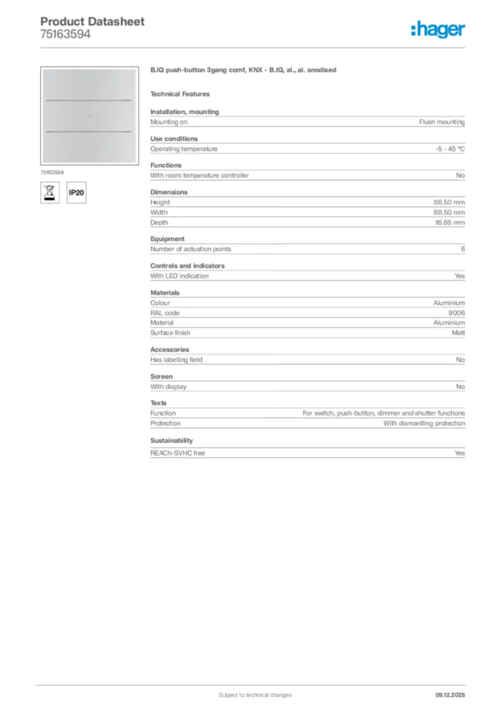Image Hager Product data sheet 75163594  | Hager