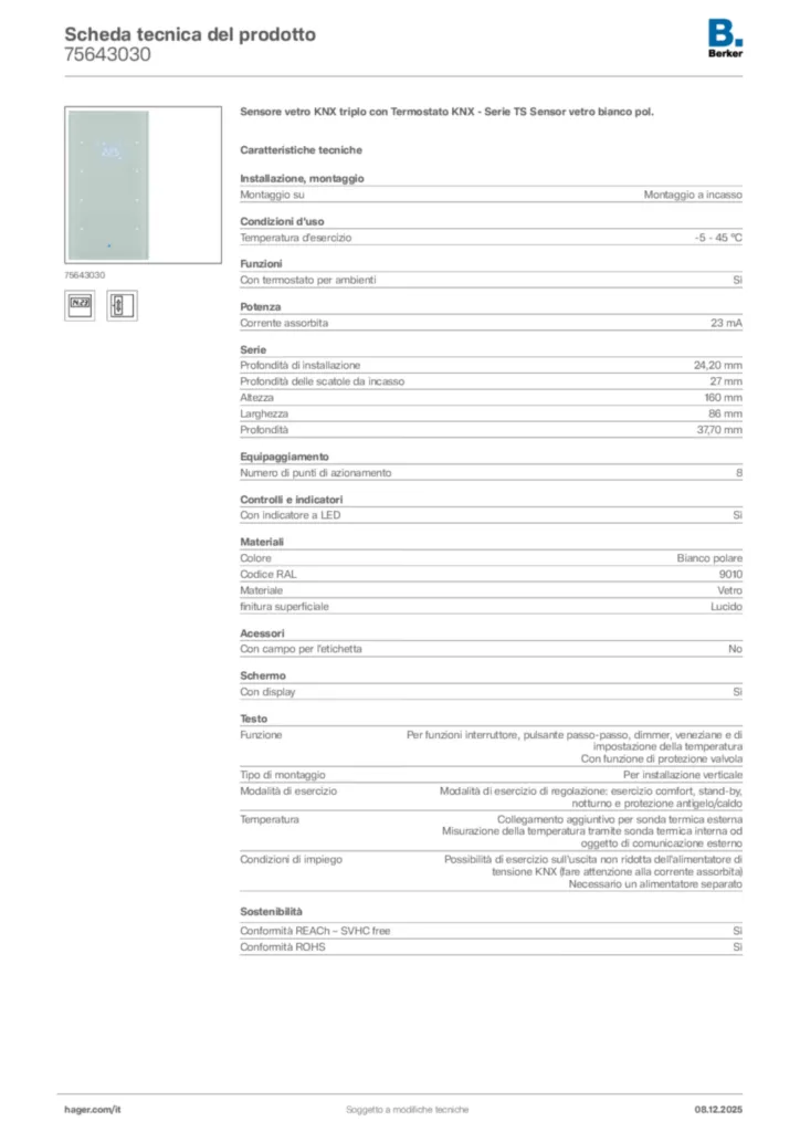 Immagine Berker Scheda tecnica del prodotto 75643030 | Hager Italia