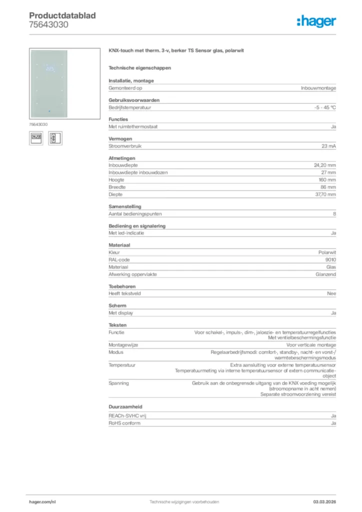 Afbeelding Hager Productdatablad 75643030 | Hager Nederland