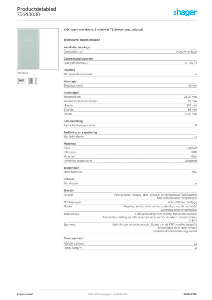 Afbeelding Hager Productdatablad 75643030 | Hager Nederland