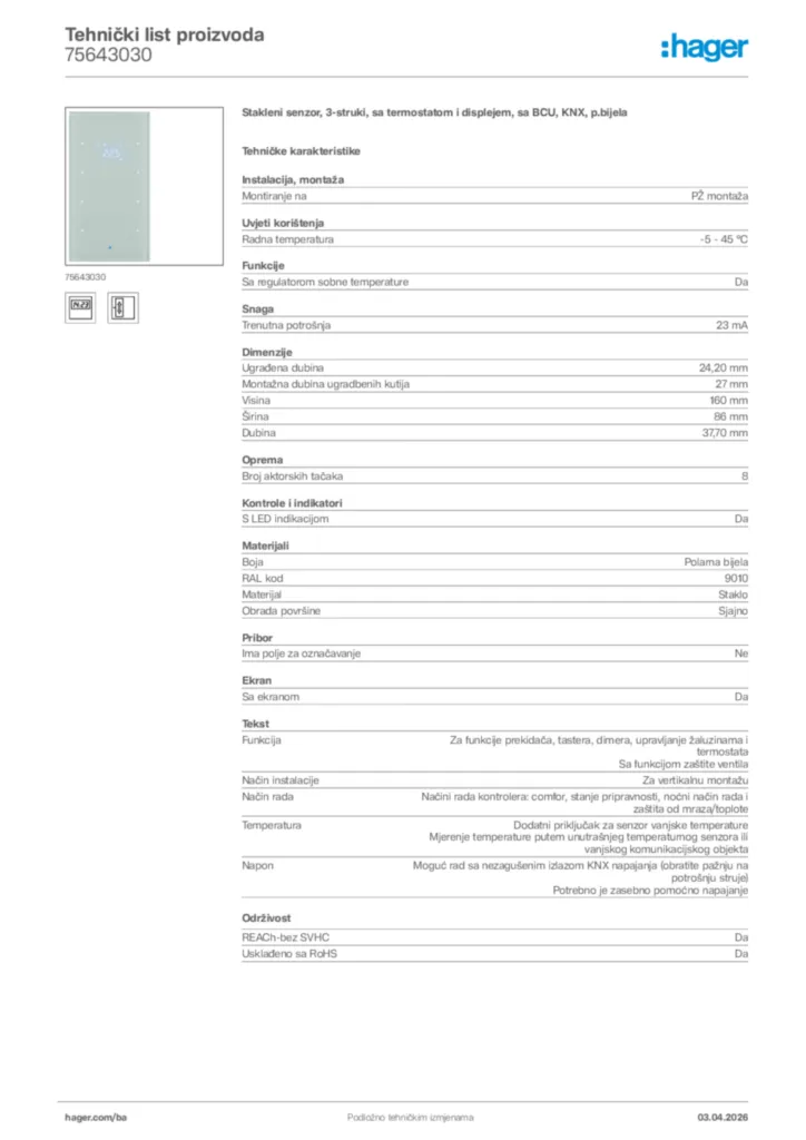 Slika Hager Tehnički list proizvoda 75643030  | Hager