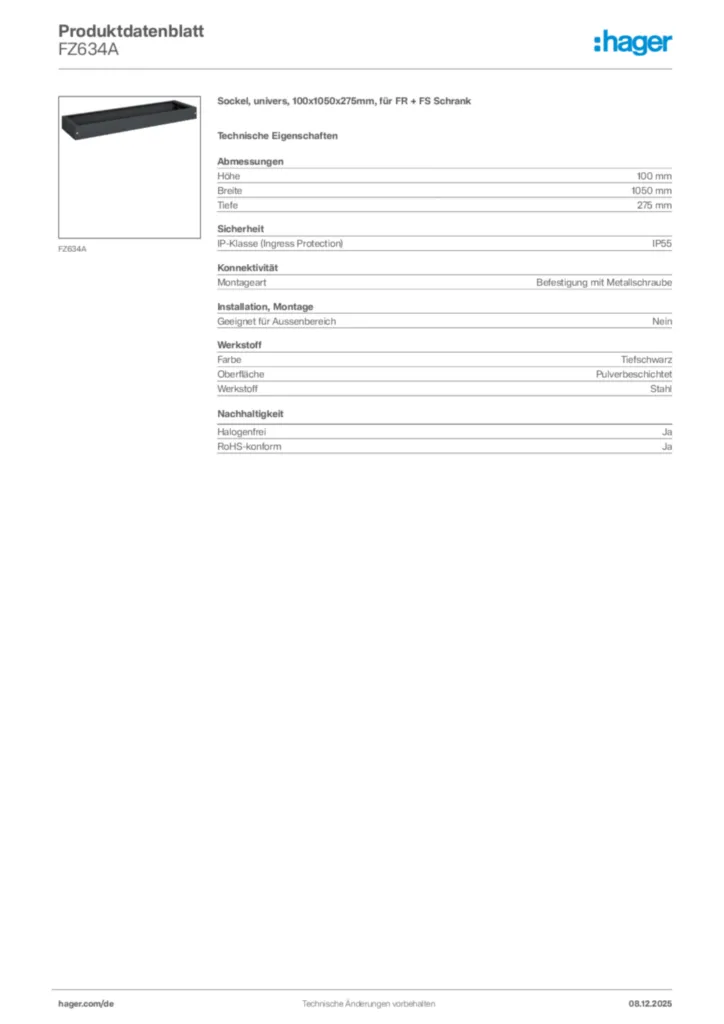 Hager Produktdatenblatt FZ634A