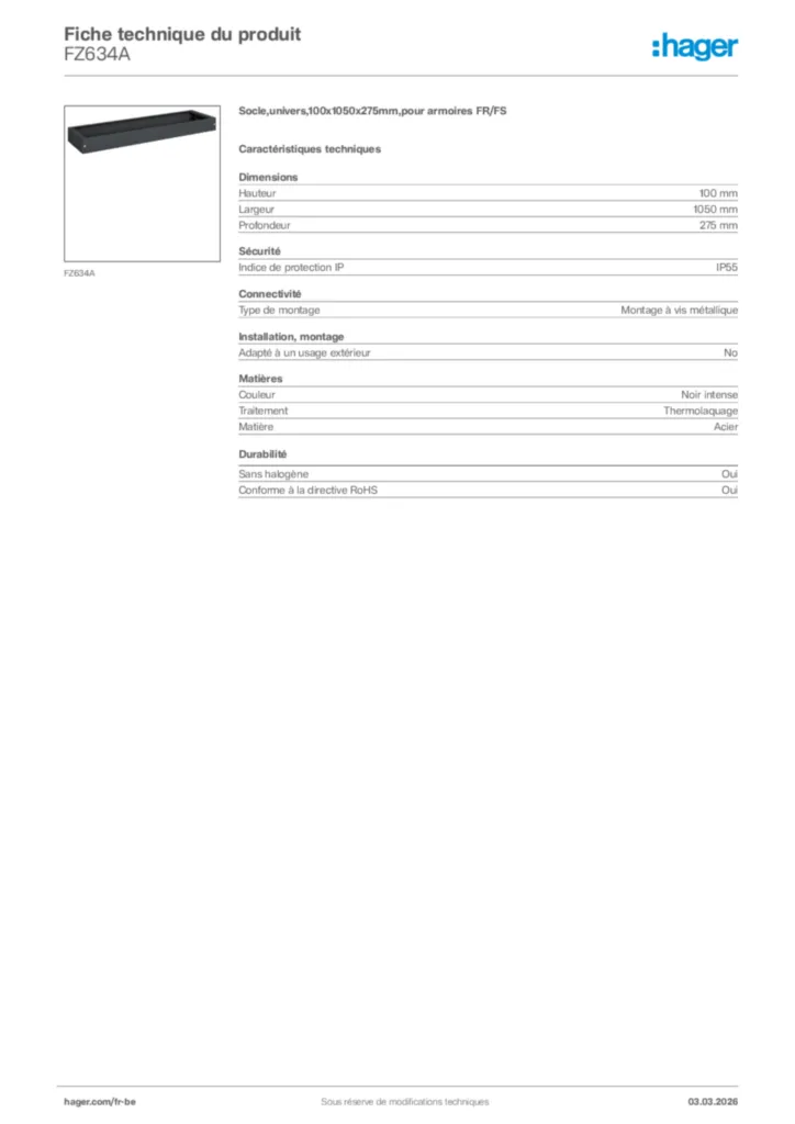 Image Hager Fiche technique du produit FZ634A | Hager Belgique