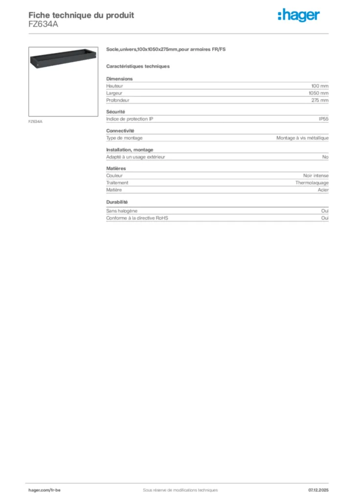 Image Hager Fiche technique du produit FZ634A | Hager Belgique