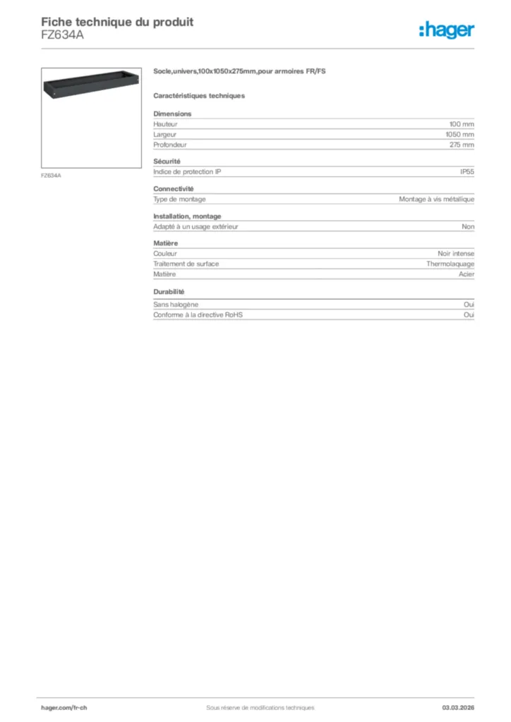 Image Hager Fiche technique du produit FZ634A | Hager Suisse