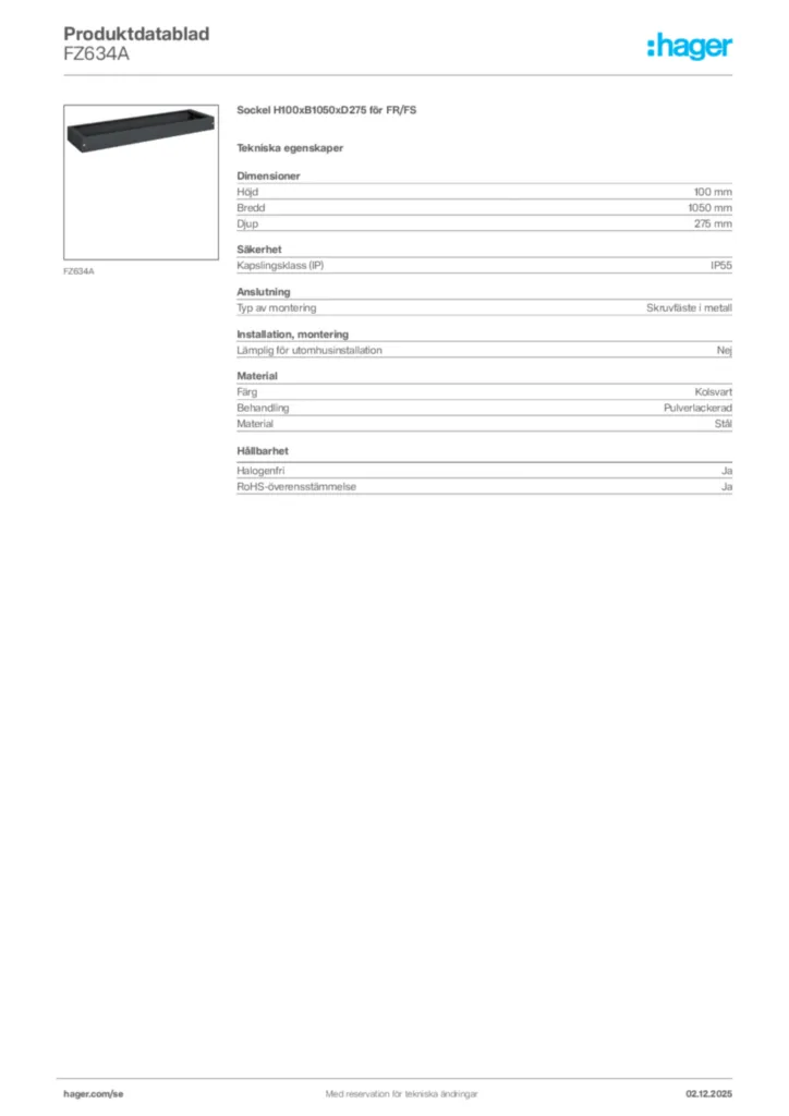 Bild Hager Produktdatablad FZ634A | Hager Sverige