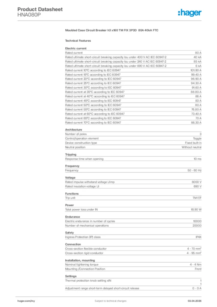 Image Hager Product data sheet HNA080P  | Hager