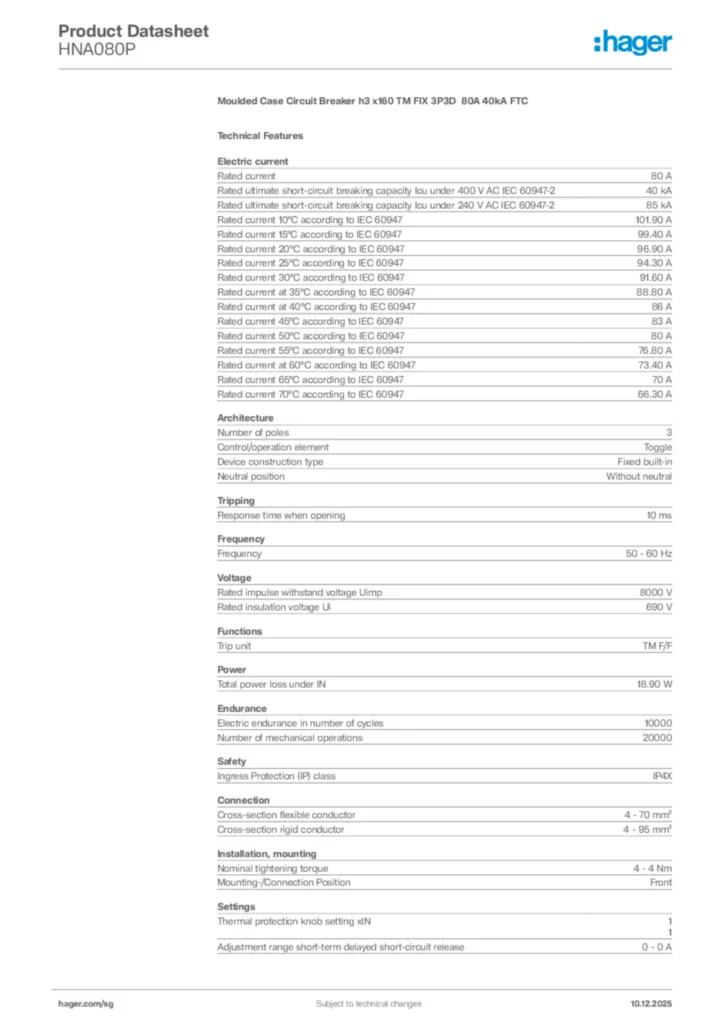 Image Hager Product data sheet HNA080P  | Hager
