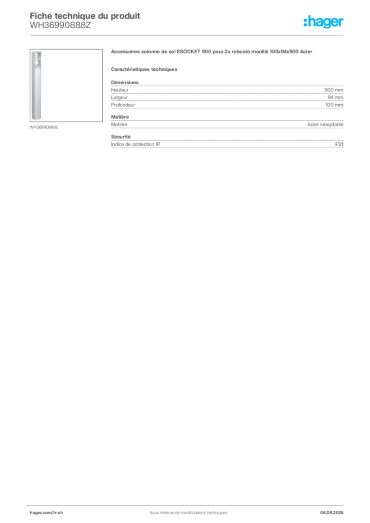 Image Hager Fiche technique du produit WH36990888Z | Hager Suisse
