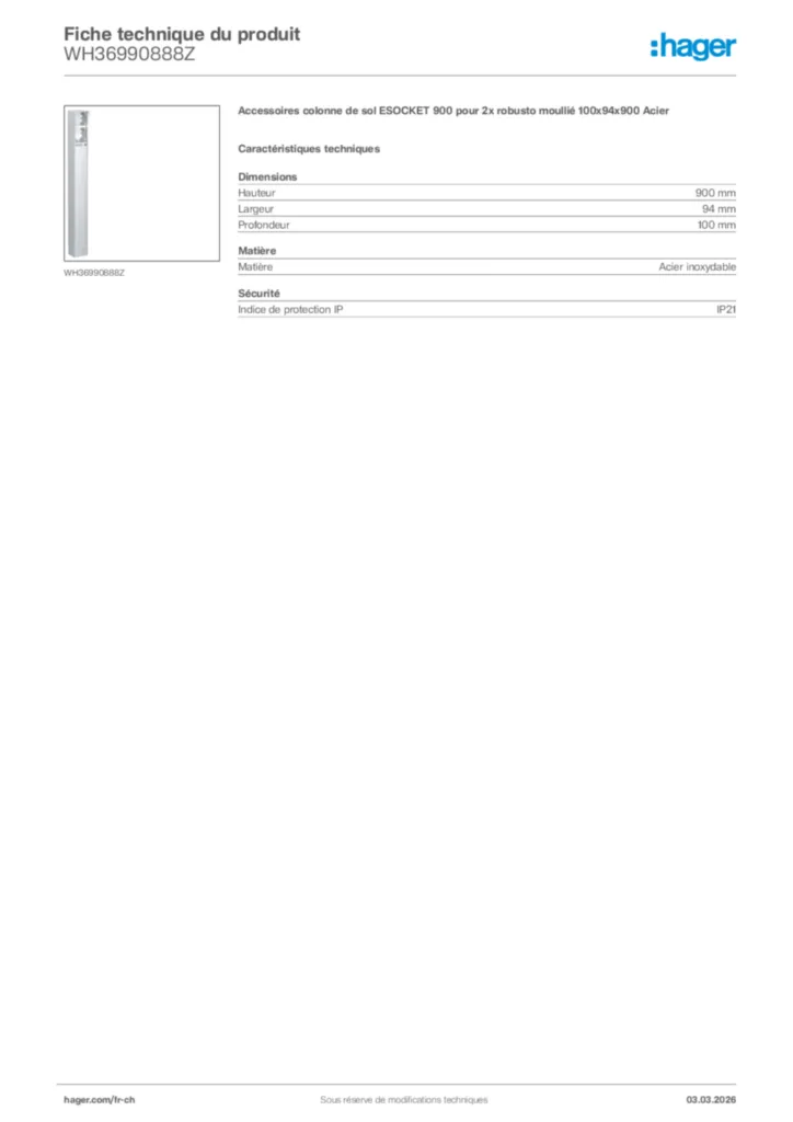 Image Hager Fiche technique du produit WH36990888Z | Hager Suisse