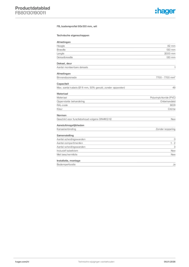 Afbeelding Hager Productdatablad FB80130190011 | Hager Nederland