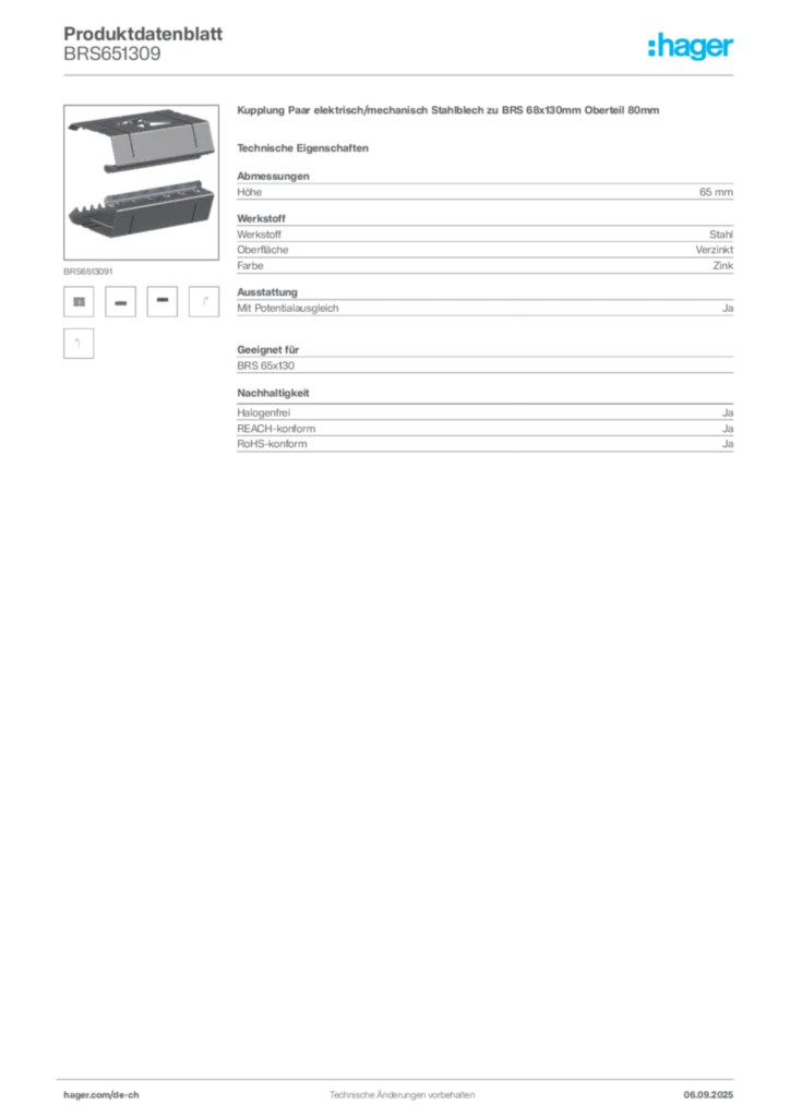 Bild Hager Produktdatenblatt BRS651309 | Hager Schweiz