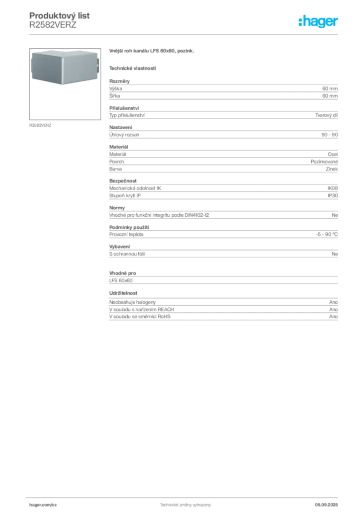 Obrázek Hager Produktový list R2582VERZ | Hager