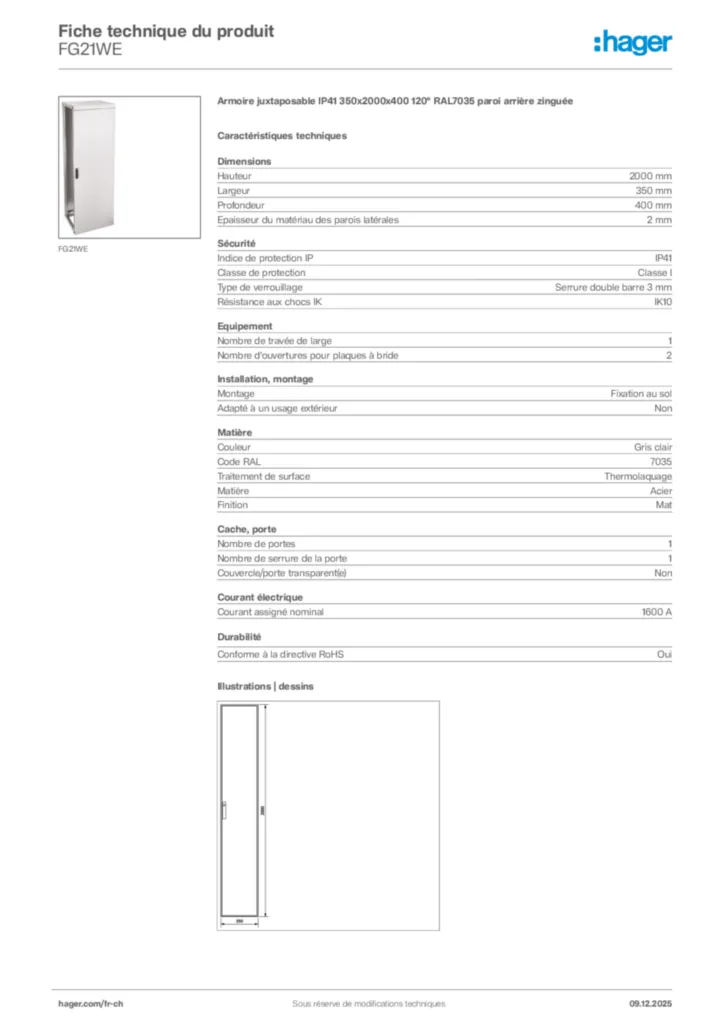 Image Hager Fiche technique du produit FG21WE | Hager Suisse