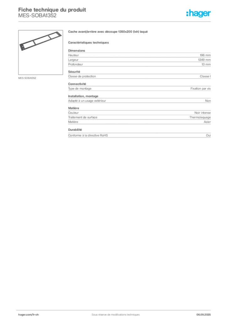 Image Hager Fiche technique du produit MES-SOBA1352 | Hager Suisse