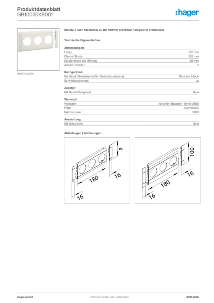 Bild Hager Produktdatenblatt GB10030K9001 | Hager Deutschland