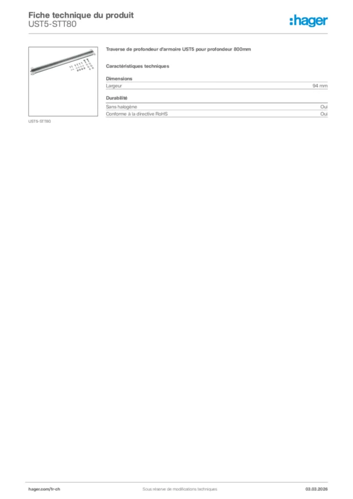 Image Hager Fiche technique du produit UST5-STT80 | Hager Suisse