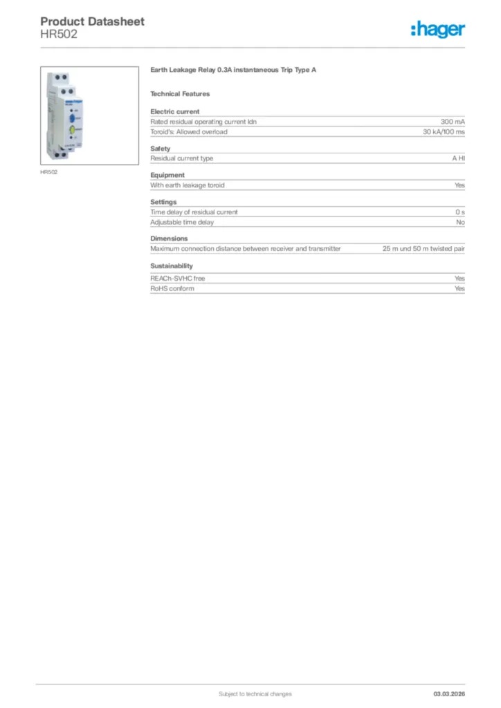 Image Hager Product data sheet HR502  | Hager Africa