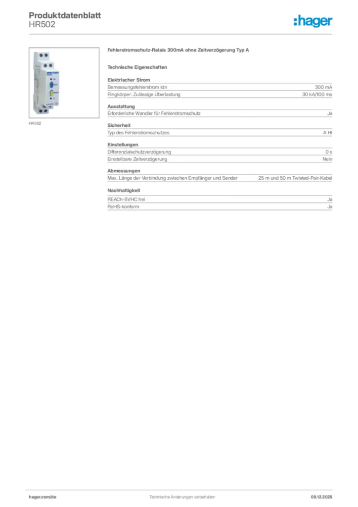 Hager Produktdatenblatt HR502