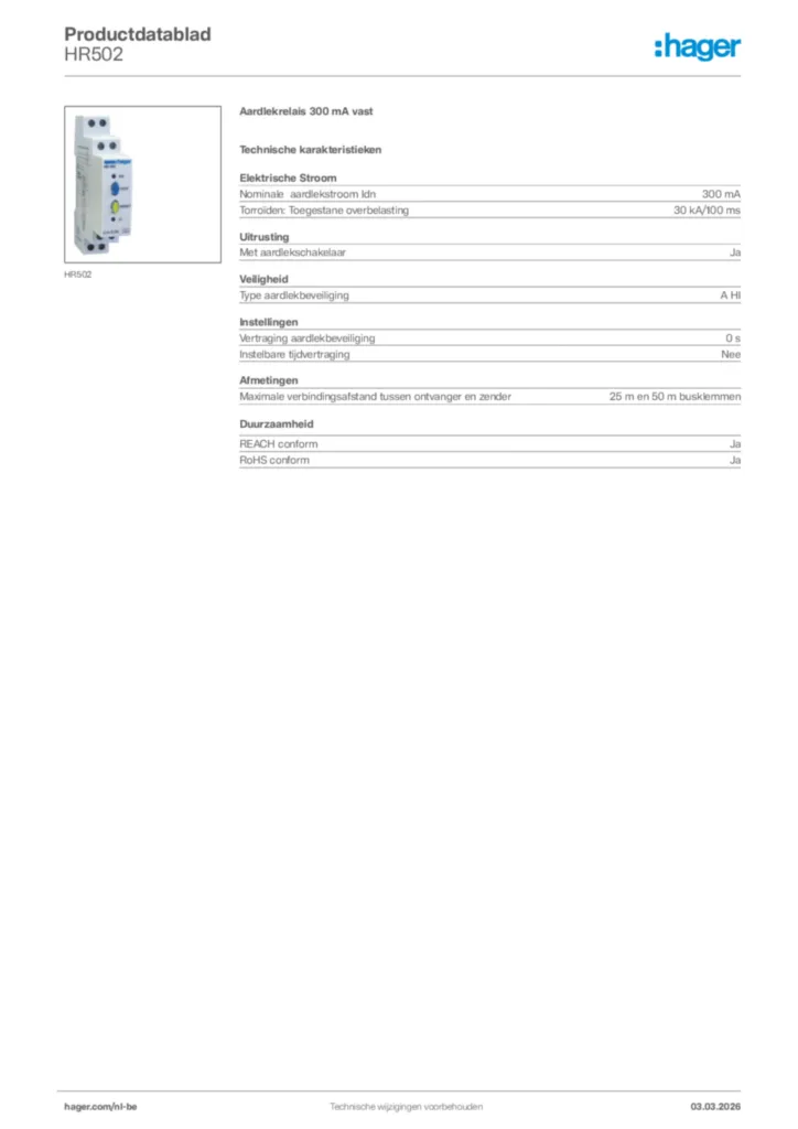 Afbeelding Hager Productdatablad HR502 | Hager Belgium