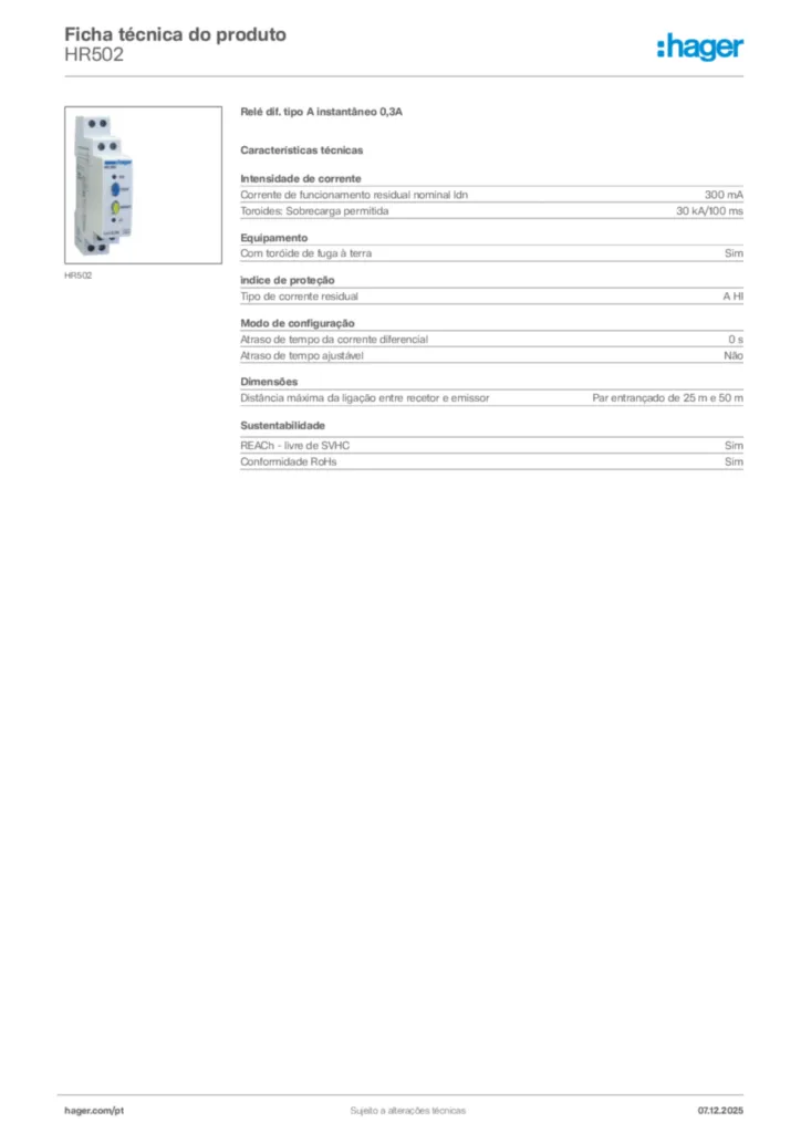 Imagem Hager Ficha técnica do produto HR502 | Hager Portugal