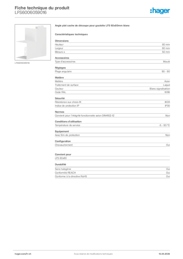 Image Hager Fiche technique du produit LFS6006059016 | Hager Suisse