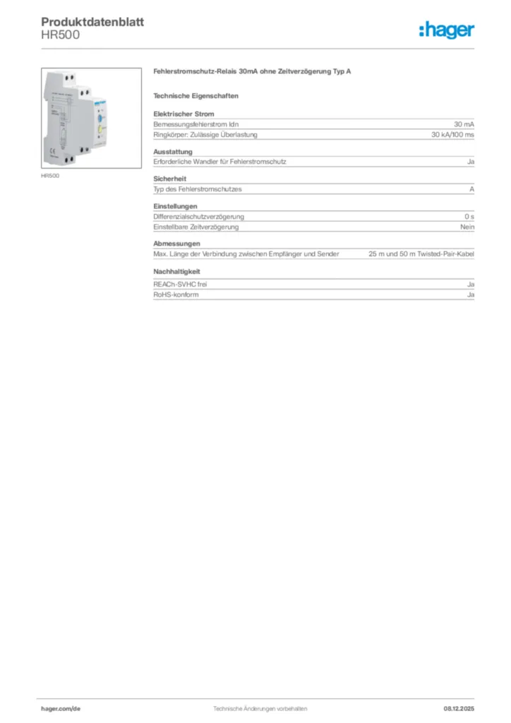 Hager Produktdatenblatt HR500