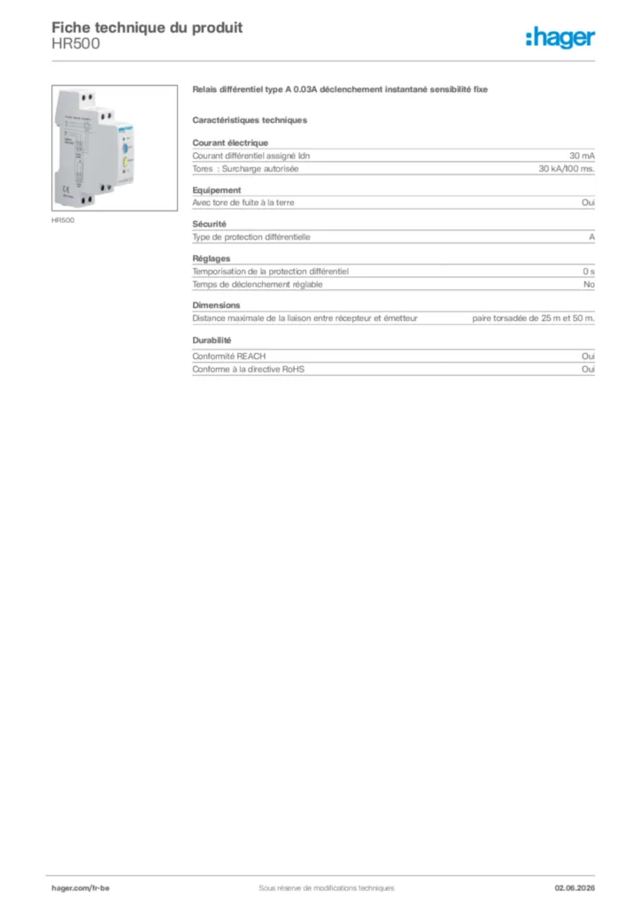 Image Hager Fiche technique du produit HR500 | Hager Belgique