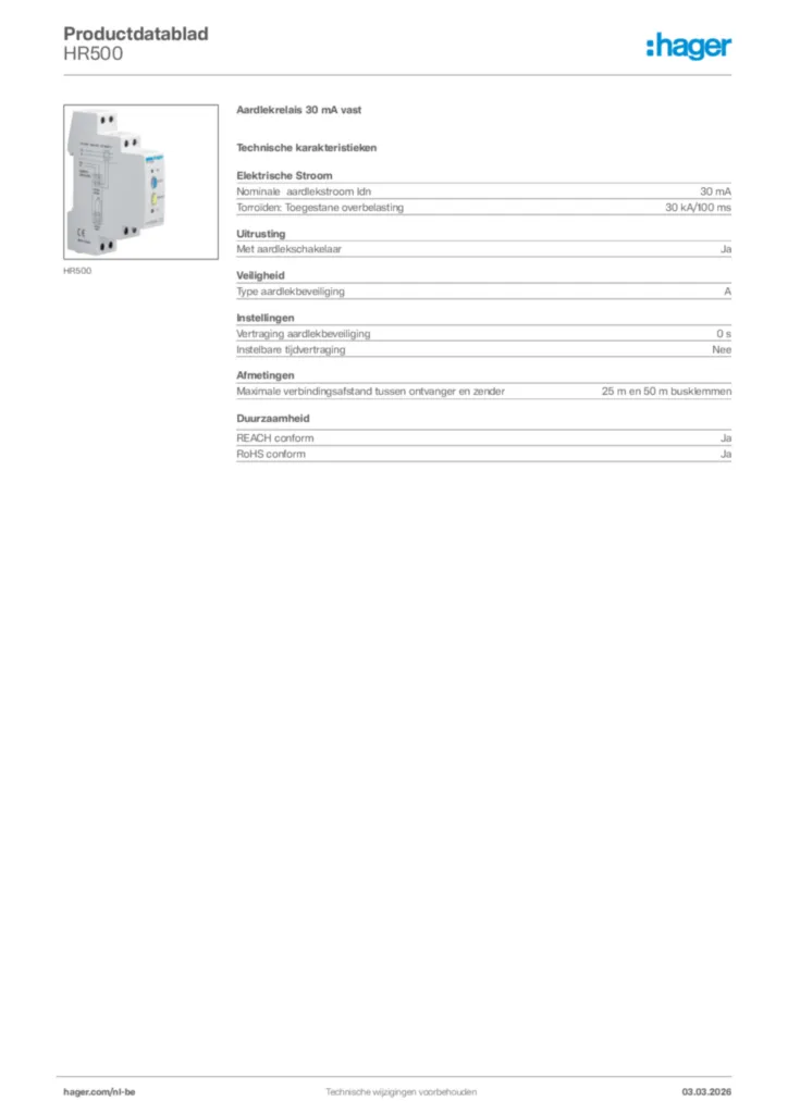 Afbeelding Hager Productdatablad HR500 | Hager Belgium